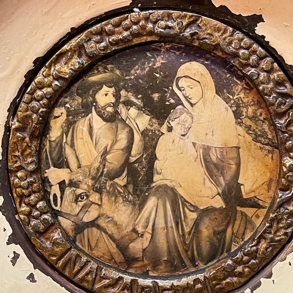 Antique Copper & Enamel Plates Wall Decor Jesus Modonna Nazareth 7.5” Set of 2 - Picture 4 of 9